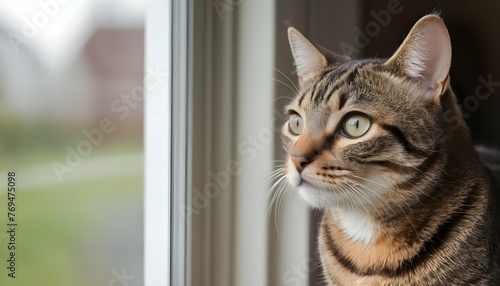 A Curious Tabby Cat Peering Out The Window