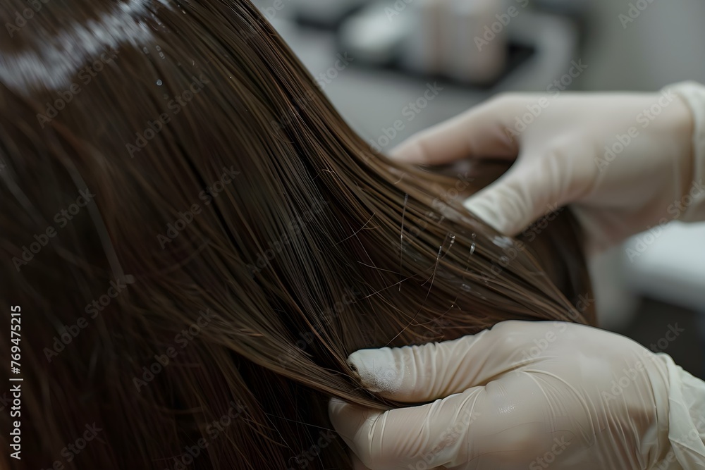 Naklejka premium Young woman with long brown hair undergoing a keratin treatment to make her hair smoother and shinier. Concept Haircare, Keratin Treatment, Beauty Transformation, Salon Experience, Long Brown Hair
