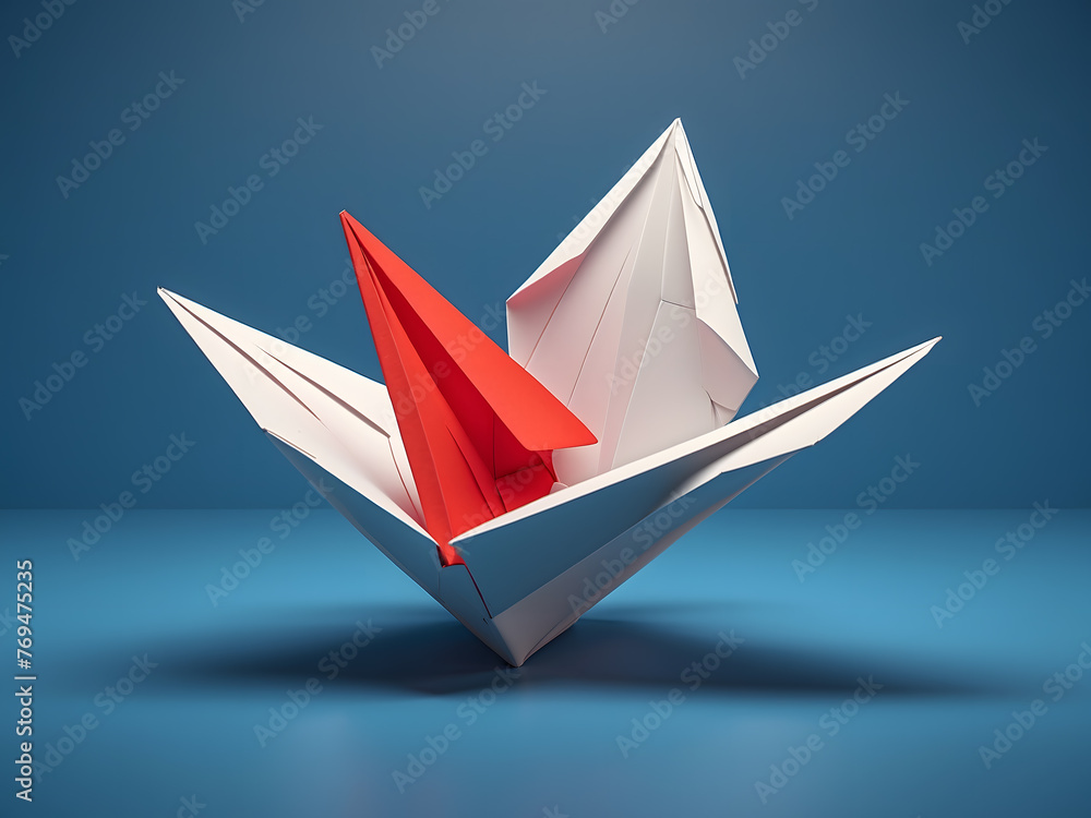 Naklejka premium Red paper plane out of line with white paper to change, disrupt, and find a new normal way on a blue background. Lift and business creativity new idea to discovery innovation technology. 3d render