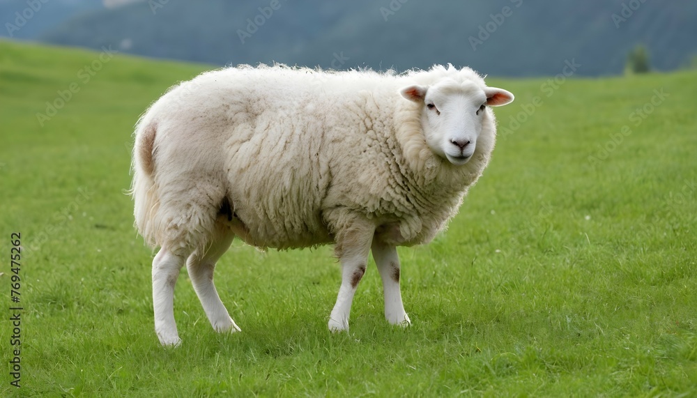 A Fluffy White Sheep Grazing In A Green Meadow