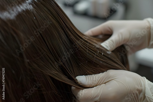 Young woman with long brown hair undergoing a keratin treatment to make her hair smoother and shinier. Concept Haircare, Keratin Treatment, Beauty Transformation, Salon Experience, Long Brown Hair