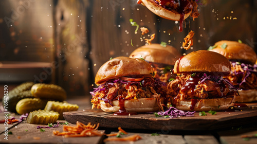 Pulled pork burgers with tangy sauce and vegetables are captured with dynamic sauce splatter, creating a delicious mess