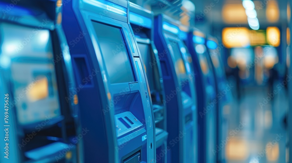 Close up of modern blue and white self-service ATM in line at a bank, depicting a financial services concept. Generative AI. Close up of modern blue and white self-service ATM in line at a bank, depicting a financial services concept. Generative AI.