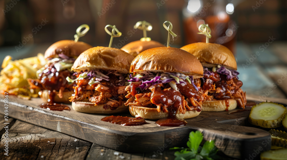 Savory pulled pork burgers held together with toothpicks, surrounded by sauces and sides, ready for serving