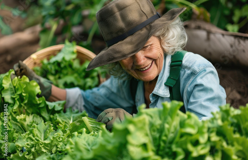 portrait of a happy senior woman working in the garden, growing vegetables and lettuce on her vegetable patch during the summer time