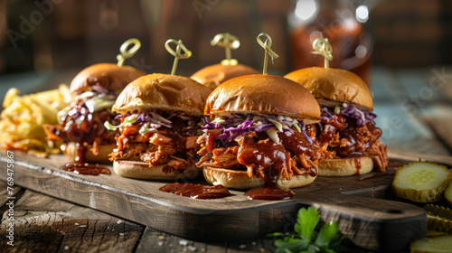 Savory pulled pork burgers held together with toothpicks, surrounded by sauces and sides, ready for serving