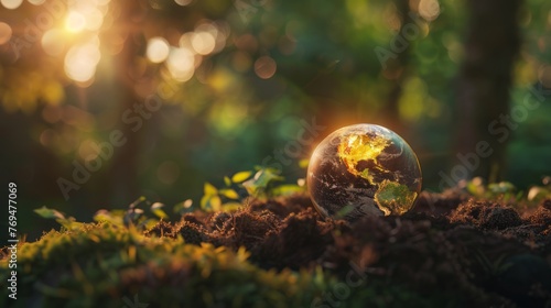 A beautiful picture on the theme of protecting nature. A photograph of the earth made of transparent glass prone to breakage. Miniature earth lying in the middle of the forest in the afternoon. photo