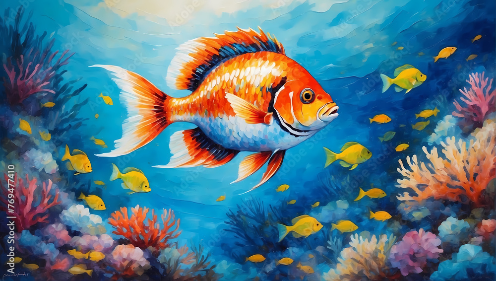 Naklejka premium 3D Underwater fishes living room wallpaper, 3d illustration for wall decoration High quality wall art.