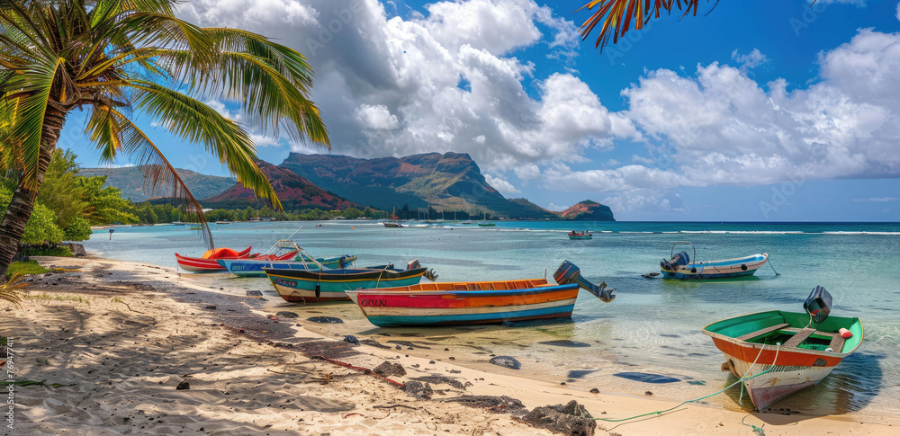 The beautiful beach of Le Morne in Mauritius, vibrant colors, colorful boats and yachts on the white sand, green palm trees, blue sky with clouds, mountain view from the shore