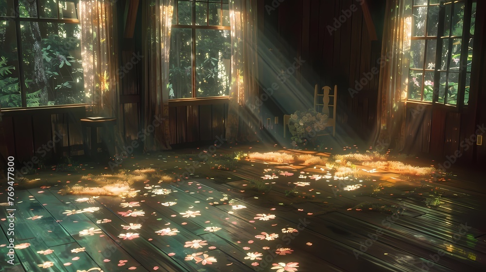 Fototapeta premium A remote cabin in the woods flowers fantasy scene abstract graphic poster web page PPT background