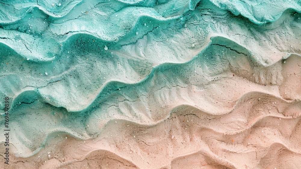 Close-up of a wave pattern formed on a sandy beach, showcasing intricate textures in green and pink colors, background, wallpaper Close-up of a wave pattern formed on a sandy beach, showcasing intricate textures in green and pink colors, background, wallpaper