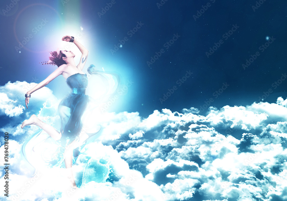 Fantasy, digital illustration and woman in sky for creativity, abstract and peace with dance on blue background. Light, atmosphere and air space with graphic drawing for dream, surreal and calm