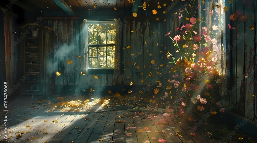 A remote cabin in the woods flowers fantasy scene abstract graphic poster web page PPT background - obrazy, fototapety, plakaty 