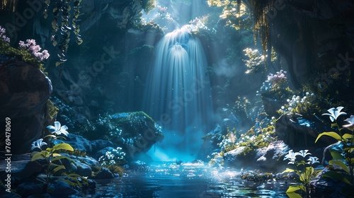Aquatic Oasis A Glimpse into the World of Blue Lights and Waterfalls Generative AI photo