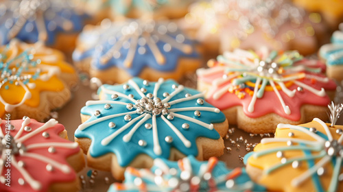 Festive firework-shaped cookies decorated with colorful icing and edible silver dragees, capturing the dazzling spectacle of fireworks lighting up the night sky on New Year's Eve.