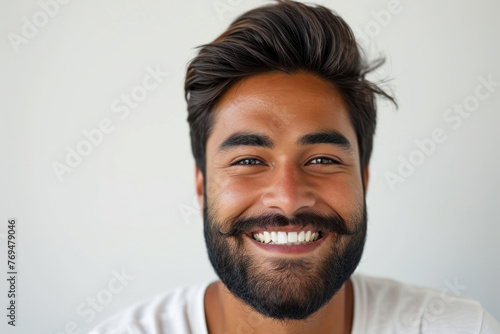 Smiling young man with beard in casual attire. Positive human expressions.