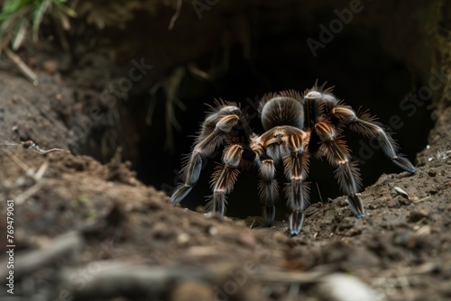 tarantula lurking at the dark entrance of its burrow