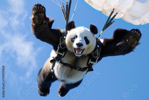 Joyful panda skydiving, bright blue sky, eyelevel, capturing the exhilaration of free fall, vivid parachute open wide , hyper realistic