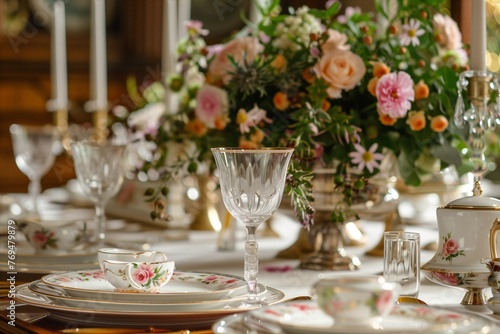 A festive table arrangement featuring seasonal decor and tastefully arranged place settings. 