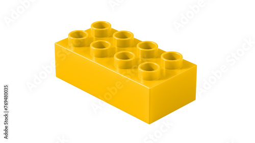 Amber Plastic Block Isolated on a White Background. Children Toy Brick, Perspective View. Close Up View of a Game Block for Constructors. 3D Rendering. 8K Ultra HD, 7680x4320, 300 dpi