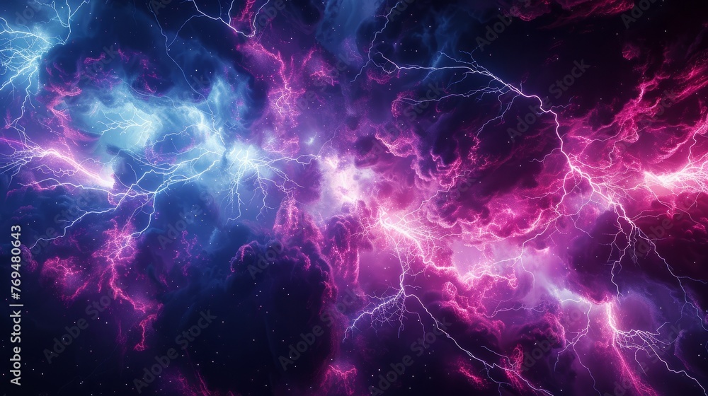 Sharp berry-colored lightning bolts crackling in a dark purple and blue space, background, wallpaper Sharp berry-colored lightning bolts crackling in a dark purple and blue space, background, wallpaper