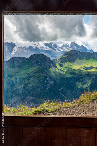 View through window of shelter on Col di Lana in the Dolomites