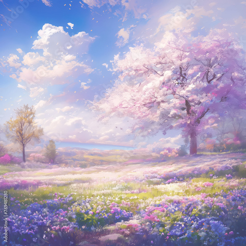 A vast and enchanting world of springtime flowers. Generative AI.