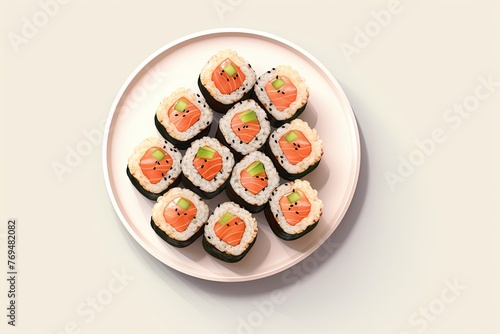A minimalist arrangement of sushi rolls on a plate, white background. , cute style, illustration style