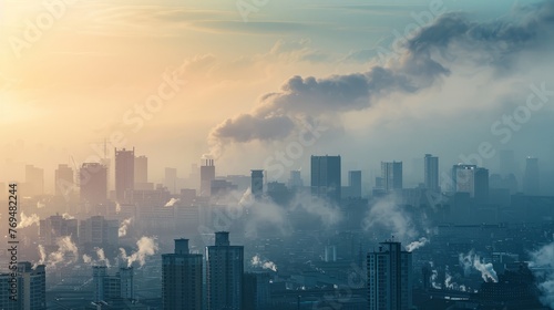 City skyline with smoke rising, portraying urban pollution and environmental impact, background, wallpaper