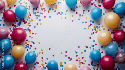 Colorful balloons and confetti on white background with copyspace for birthday party invitation