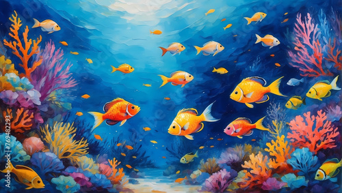 3D Underwater fishes living room wallpaper  3d illustration for wall decoration High quality wall art.