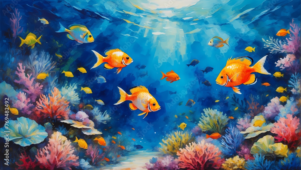 Fototapeta premium 3D Underwater fishes living room wallpaper, 3d illustration for wall decoration High quality wall art.
