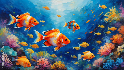 3D Underwater fishes living room wallpaper, 3d illustration for wall decoration High quality wall art.