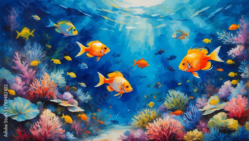 3D Underwater fishes living room wallpaper  3d illustration for wall decoration High quality wall art.