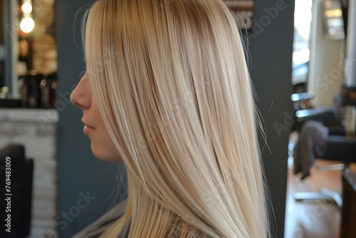 Transforming Hair with a Keratin Treatment: A Woman with Long Blonde Hair at the Salon. Concept Keratin Treatment, Long Blonde Hair, Salon Transformation, Haircare Routine, Before and After