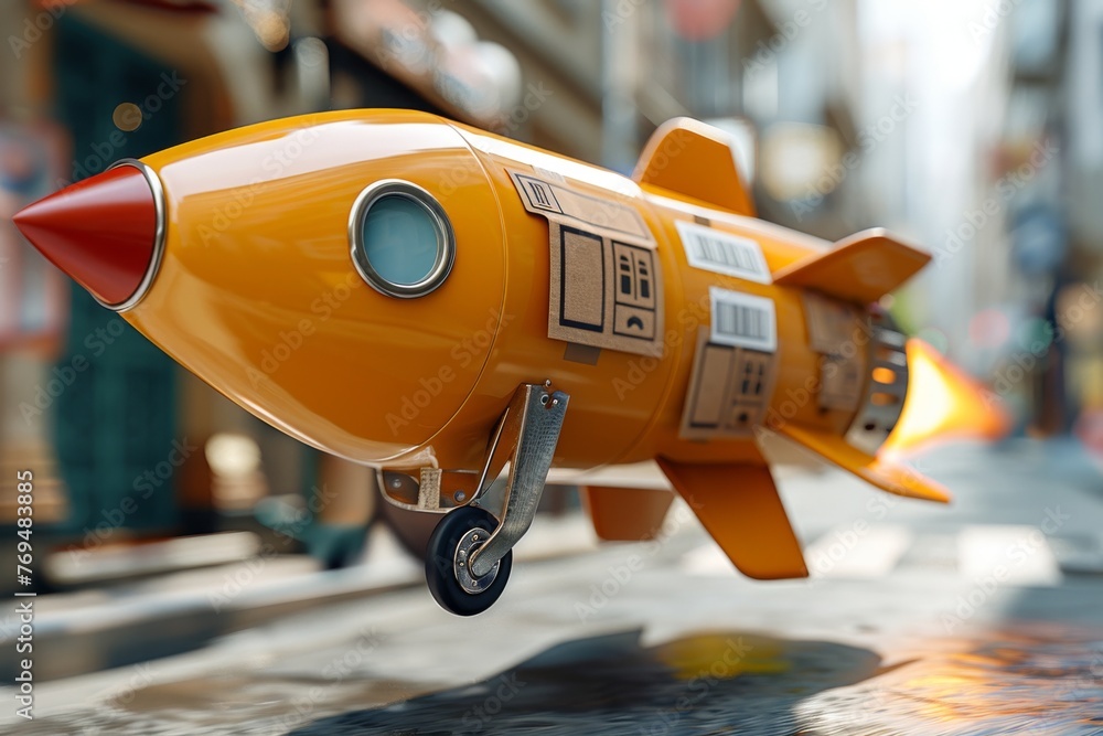 Rockets soaring skywards, carrying cardboard boxes clad with delivery ...