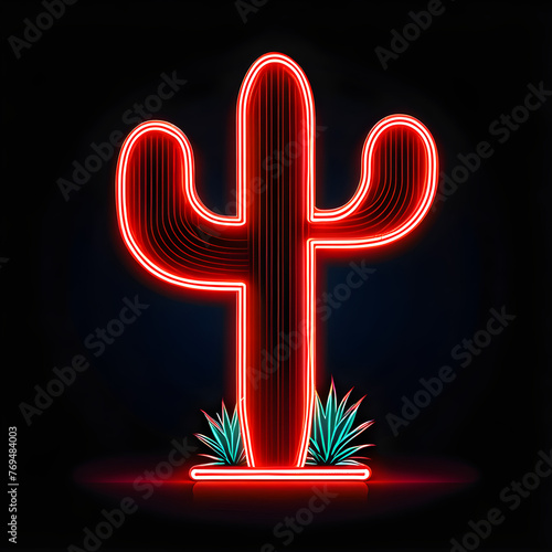 Radiant Red Neon Cactus Icon: Eye-catching Symbol for Desert-Themed Designs(Generative AI)