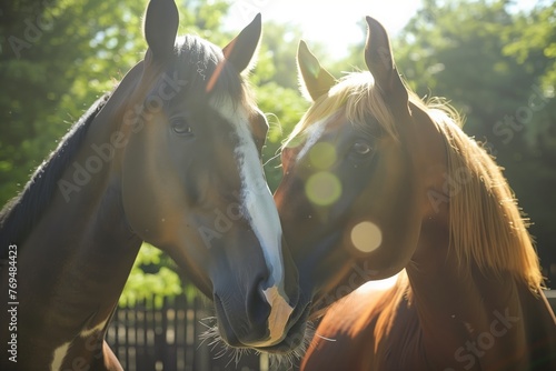 two horses nuzzling noses in a sunny field