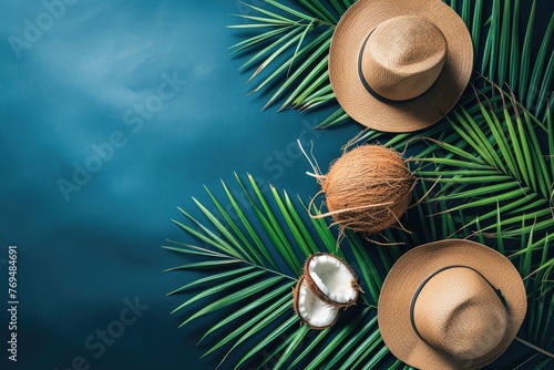 Top view of Beach hat with coconut and tropical palm leaves on a blue background