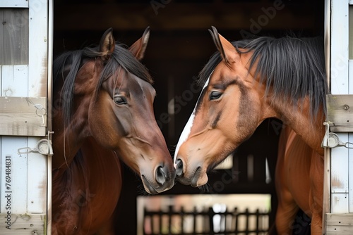 a pair of horses touching noses in a barn doorway © primopiano