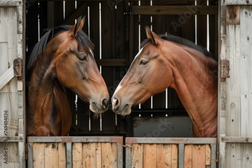 a pair of horses touching noses in a barn doorway