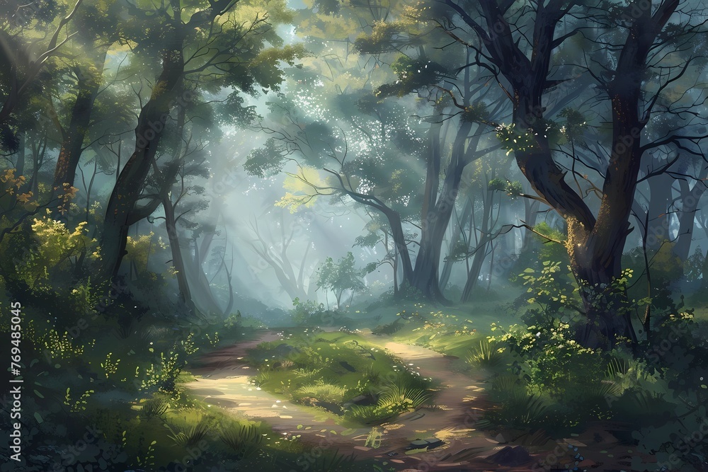 Naklejka premium Serene Misty Forest Trail