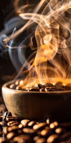 Golden Aroma Swirls Over Roasted Coffee Beans 