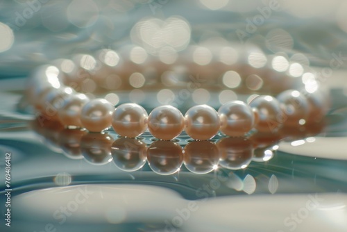 An exquisite pearl bracelet laid on a reflective surface, with heart-shaped light bokeh enhancing its romantic allure.
