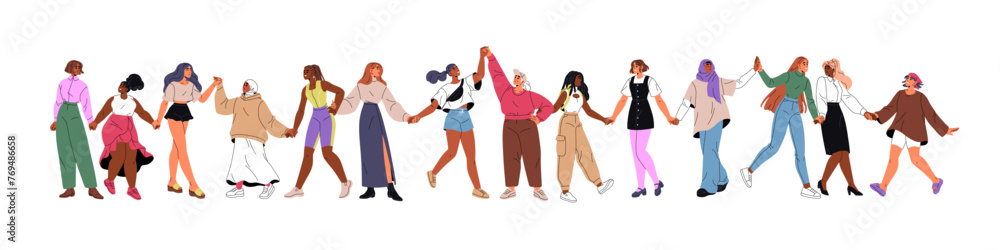 Diverse woman hold hands. Row of females stands together. Strong and powerful international sisterhood. Feminism movement, girl power concepts. Flat isolated vector illustration on white background Diverse woman hold hands. Row of females stands together. Strong and powerful international sisterhood. Feminism movement, girl power concepts. Flat isolated vector illustration on white background