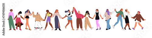 Diverse woman hold hands. Row of females stands together. Strong and powerful international sisterhood. Feminism movement, girl power concepts. Flat isolated vector illustration on white background