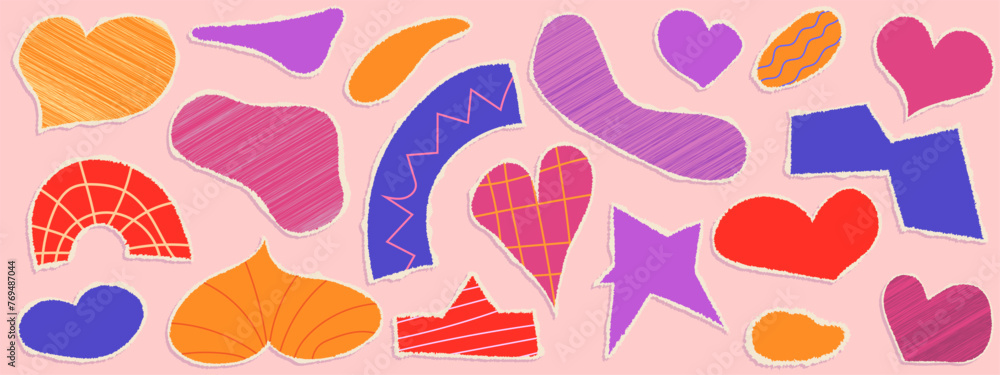 Set of tear paper shapes collage rip. Cut color shape with torn edge. Set doodle scrap. Vector illustration