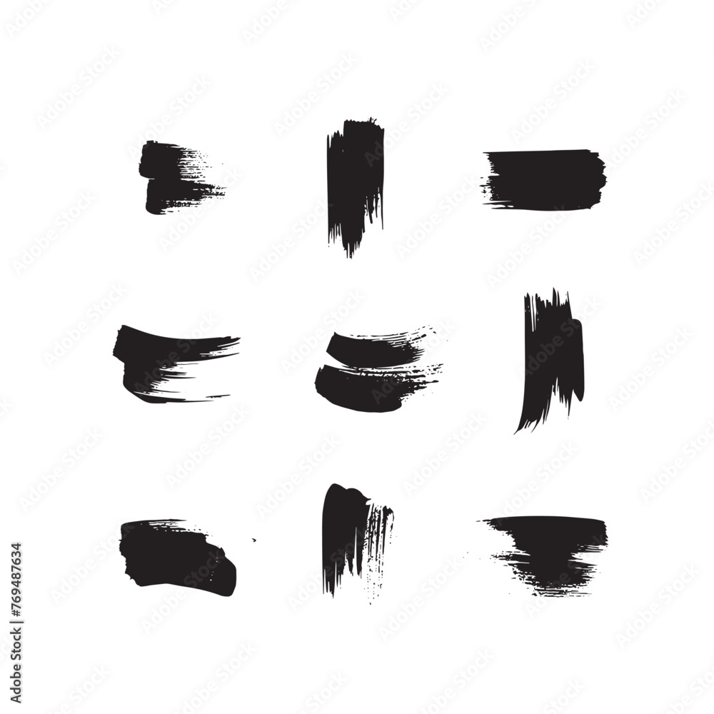 Black abstract paint Brush Stroke Set on white background Each with Unique Style
