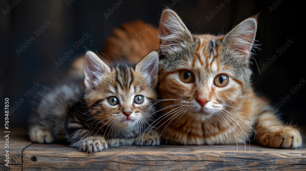 photo shoot, mother cat with kitty on a wooden floor with black background