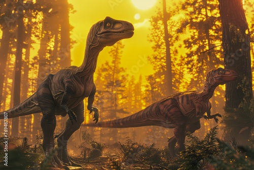 Majestic Dinosaurs Roaming Through a Lush Prehistoric Forest at Sunset  Cinematic Jurassic Era Scene